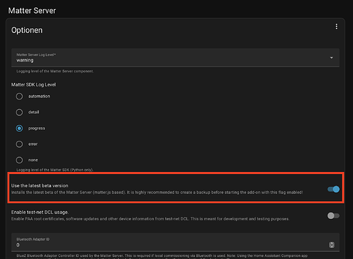 Matter Server Konfiguration- Beta Kanal
